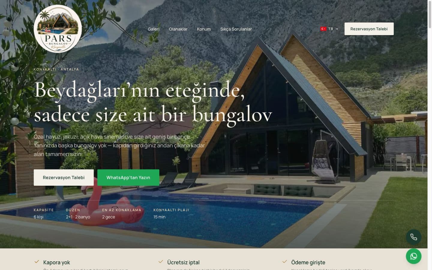 Pars Bungalov web sitesi anasayfası