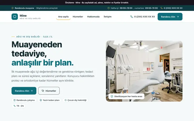 Mine diş kliniği teması ana sayfa önizlemesi