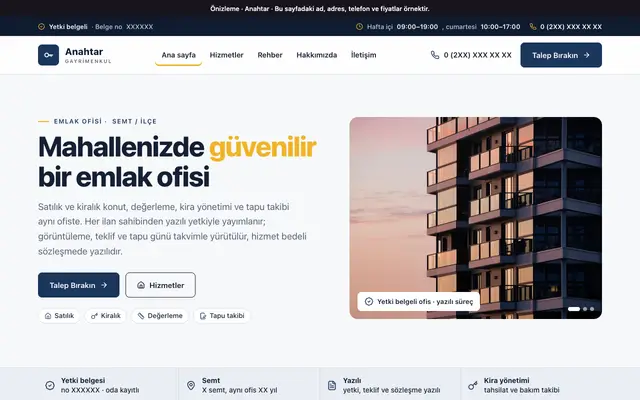 Anahtar mahalle emlak ofisi teması ana sayfa önizlemesi
