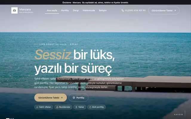 Manzara lüks konut ve villa danışmanlığı teması ana sayfa önizlemesi