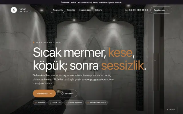 Buhar spa ve hamam teması ana sayfa önizlemesi
