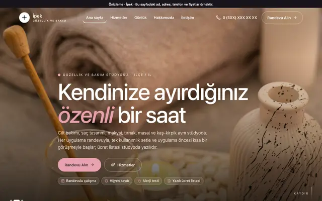 İpek güzellik ve bakım stüdyosu teması ana sayfa önizlemesi