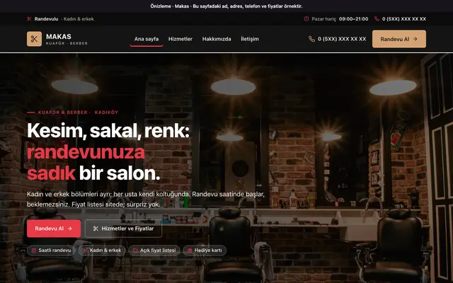 Makas kuaför ve berber teması ana sayfa önizlemesi