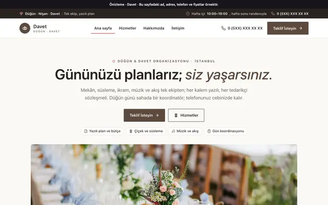 Davet düğün organizasyonu teması ana sayfa önizlemesi