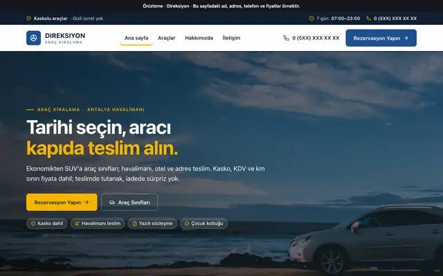 Direksiyon araç kiralama teması ana sayfa önizlemesi