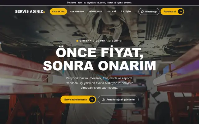 Tork oto servis teması ana sayfa önizlemesi