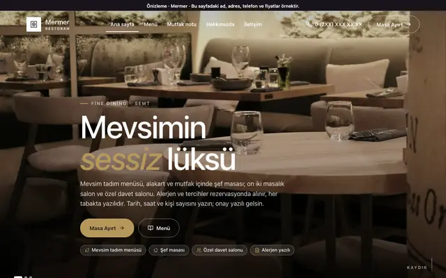 Mermer fine dining restoran teması ana sayfa önizlemesi