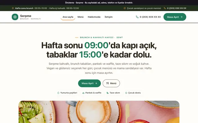 Serpme brunch ve kahvaltı kafesi teması ana sayfa önizlemesi