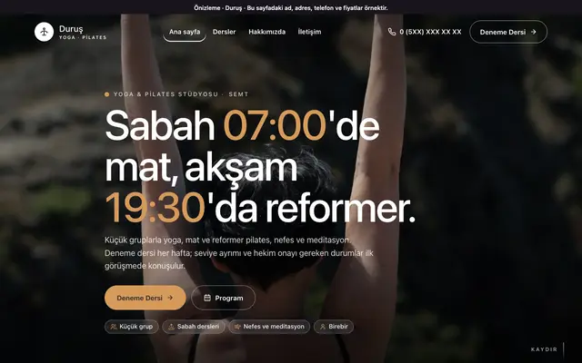 Duruş pilates ve yoga stüdyosu teması ana sayfa önizlemesi