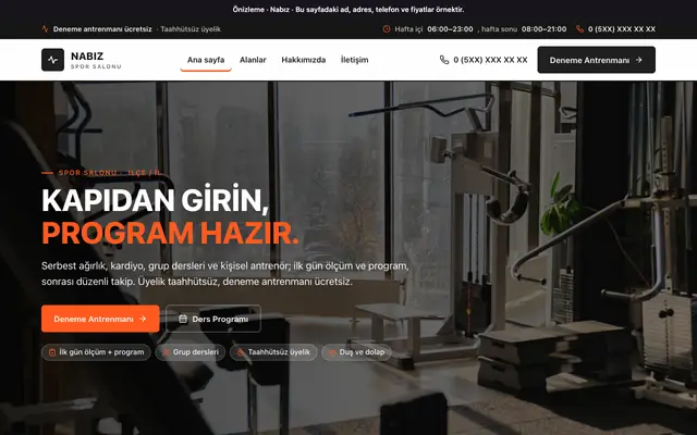 Nabız spor salonu teması ana sayfa önizlemesi