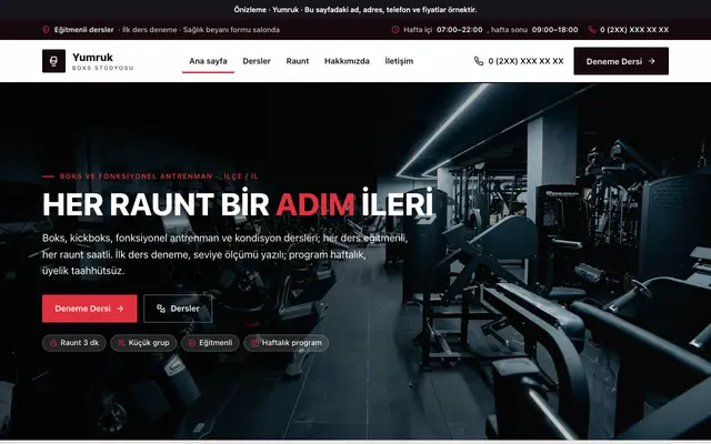 Yumruk boks ve fonksiyonel antrenman teması ana sayfa önizlemesi