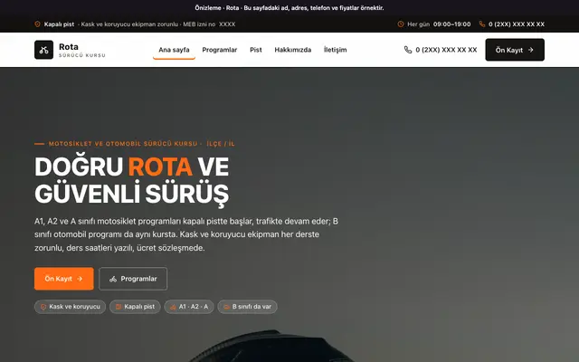 Rota motosiklet ve otomobil sürücü kursu teması ana sayfa önizlemesi
