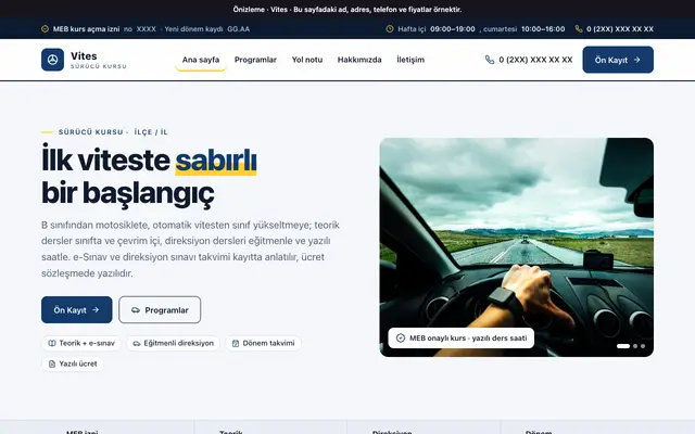 Vites sürücü kursu teması ana sayfa önizlemesi