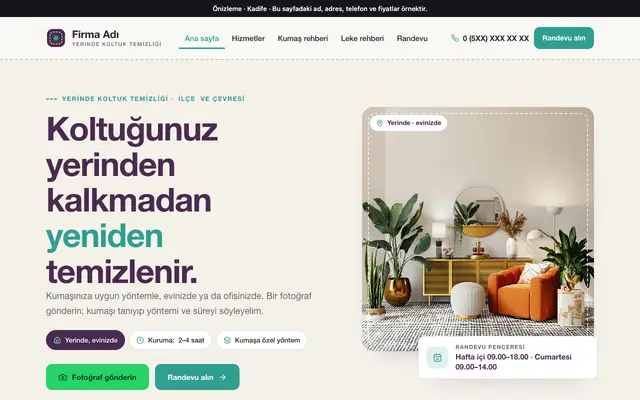 Kadife koltuk temizliği teması ana sayfa önizlemesi