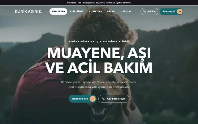 Pati veteriner kliniği teması ana sayfa önizlemesi