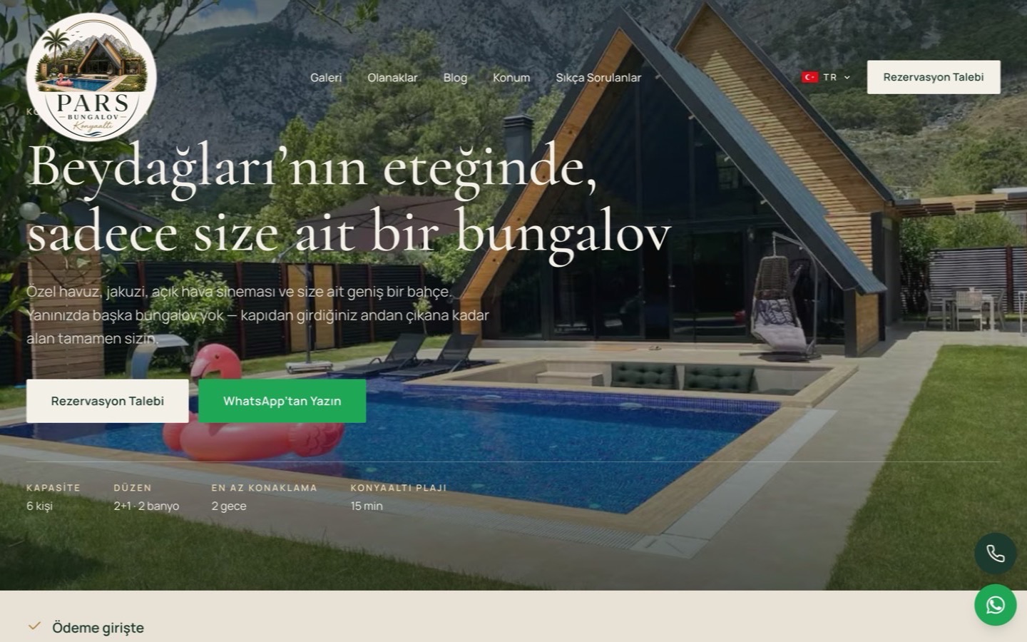 Pars Bungalov sitesinin ana sayfası